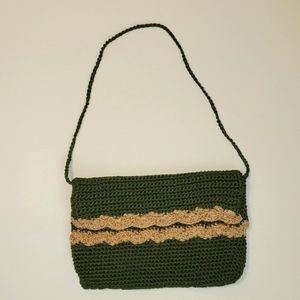 Crocheted Small Green and Gold Shoulder Bag